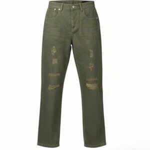 Copper Rivet Dark Olive Green Destroyed Denim Straight Style Jeans Size 36/34